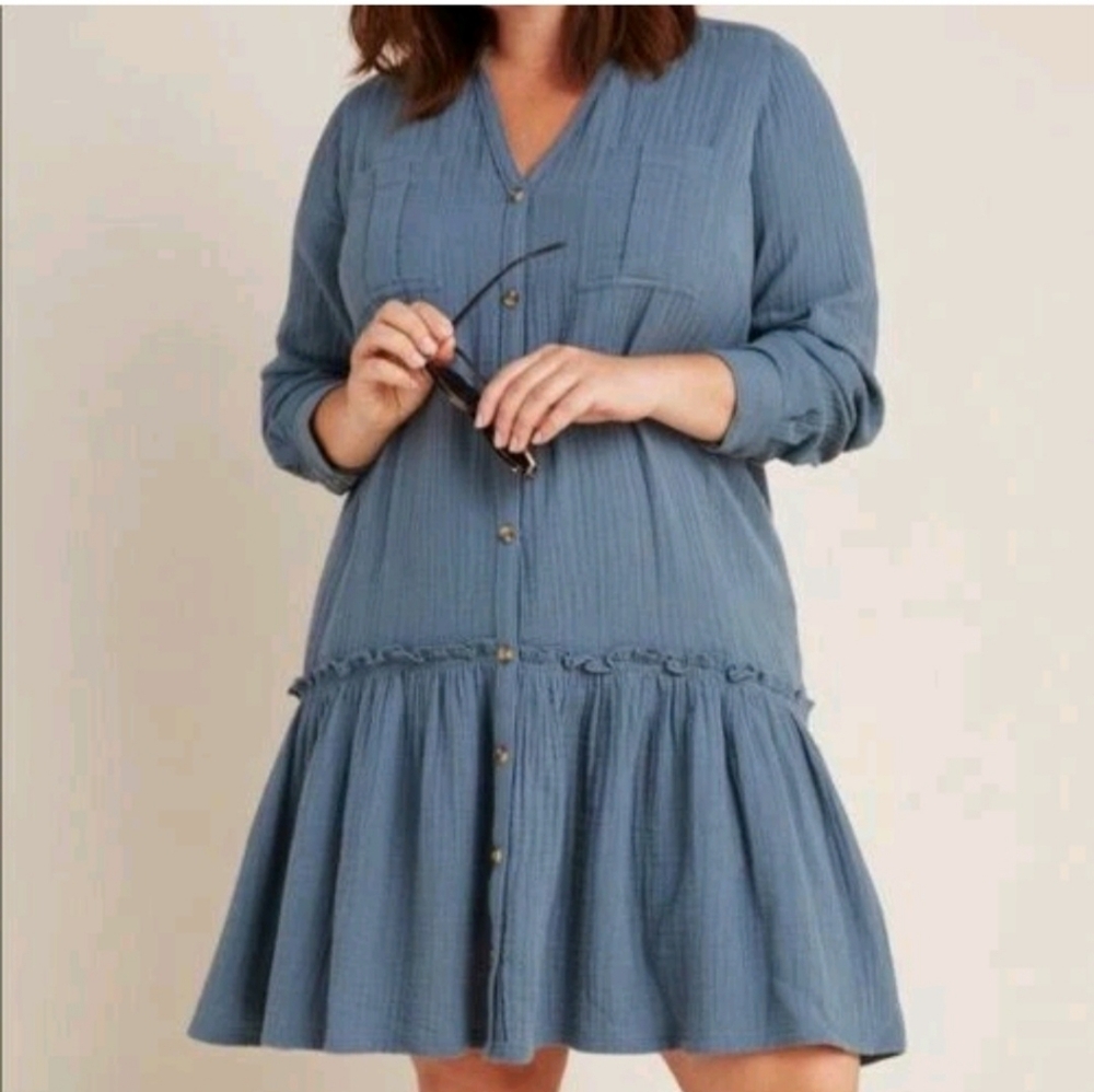 Maeve Anthropologie Blue Gauze Boho Tunic Dress‎ Button Front Tiered Babydoll 0
